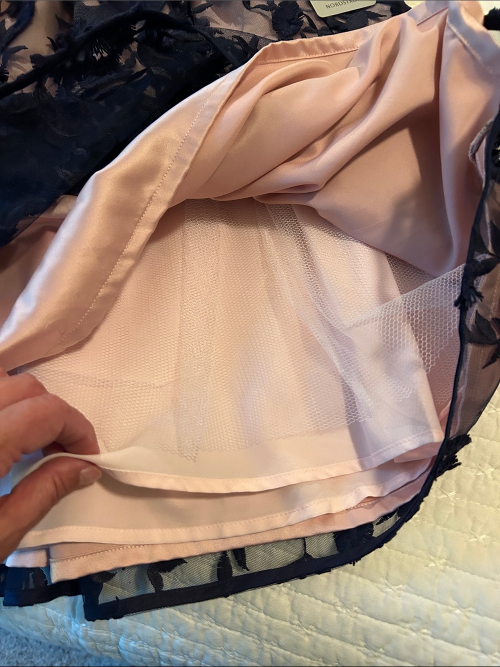 Eliza J Navy Floral Appliqué Skirt with Blush Lining - Picture 6 of 9